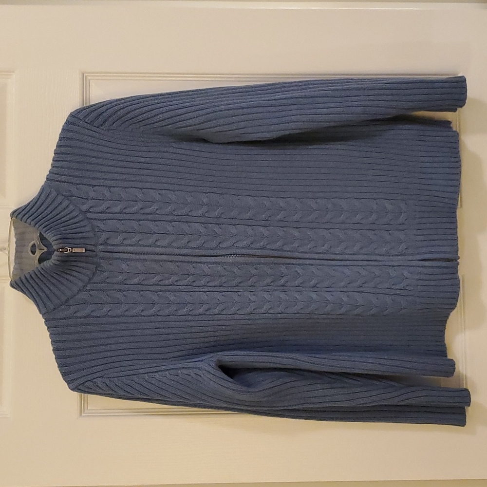 Lands' End Women's SweaterJacket, Size Medium, Zippered, Cable Knit, Blue